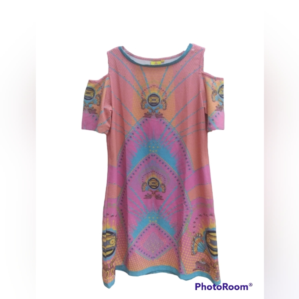 Ateesa Dress Womens Size M Pink Graphic Cold Shoulder Midi Summer